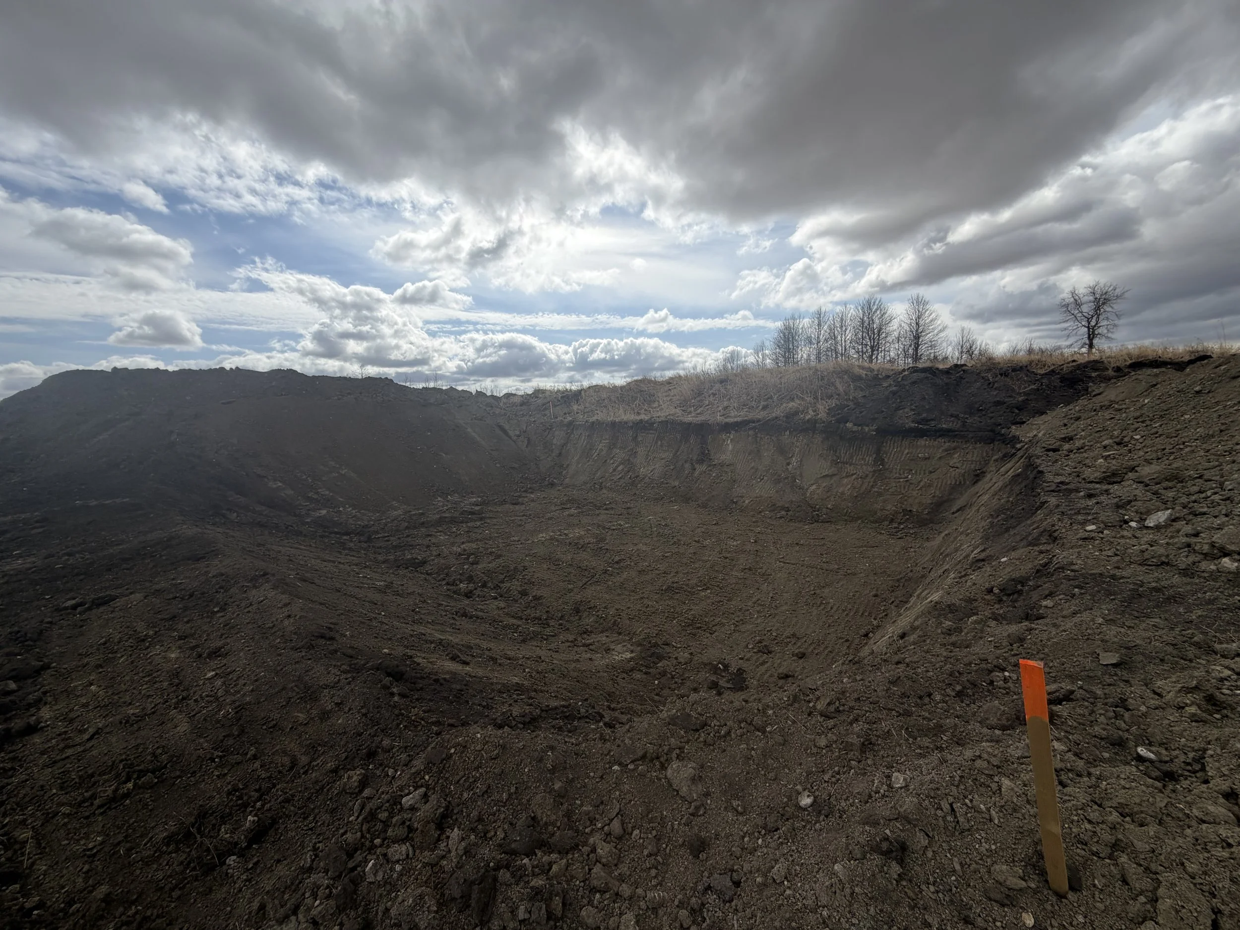 A large dirt excavation site with exposed soil and a distant row of trees under a cloudy sky.