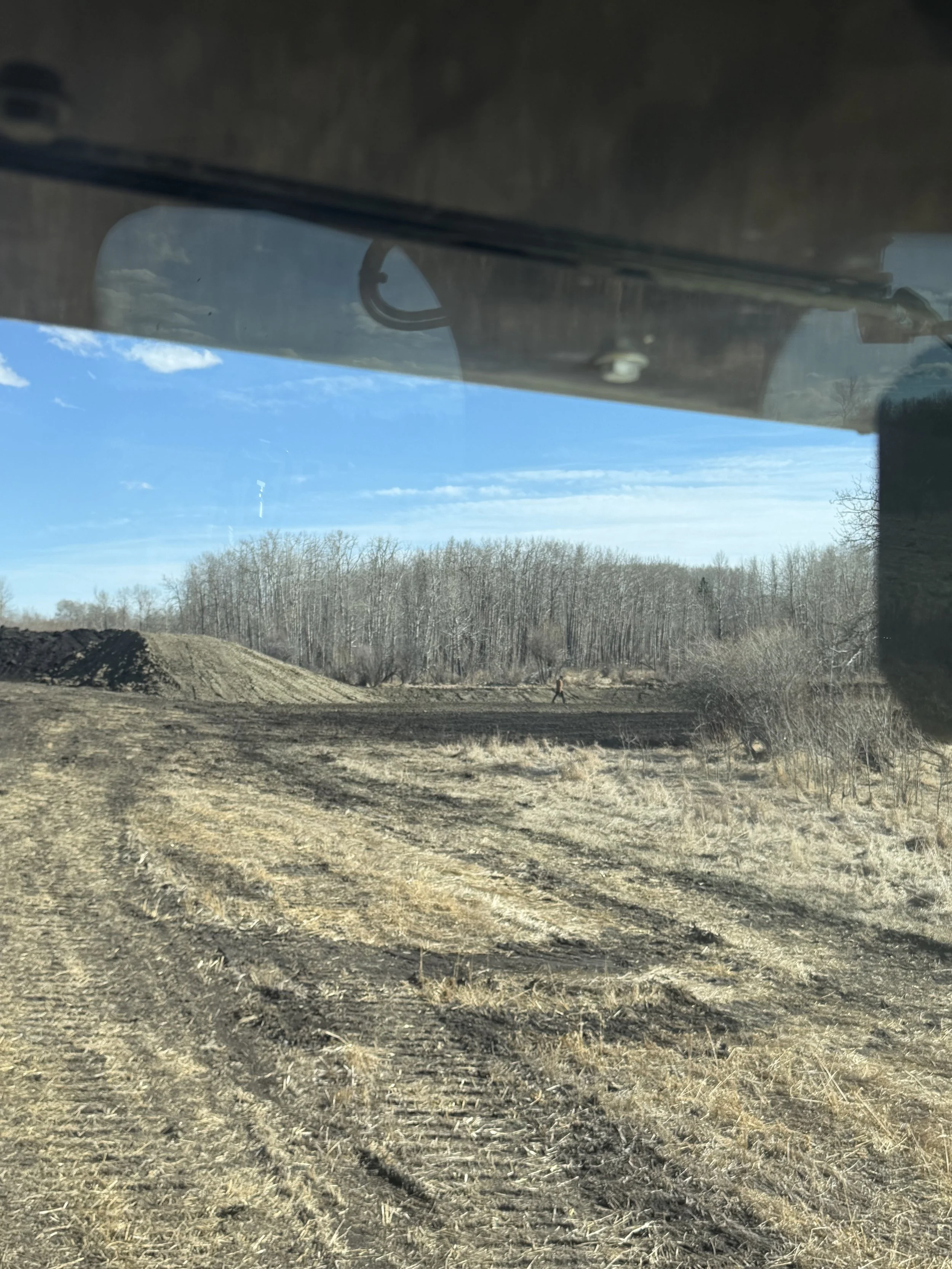 Landscape view through a vehicle's windshield showing an open field with dry grass, a few small trees, and a blue sky with scattered clouds.