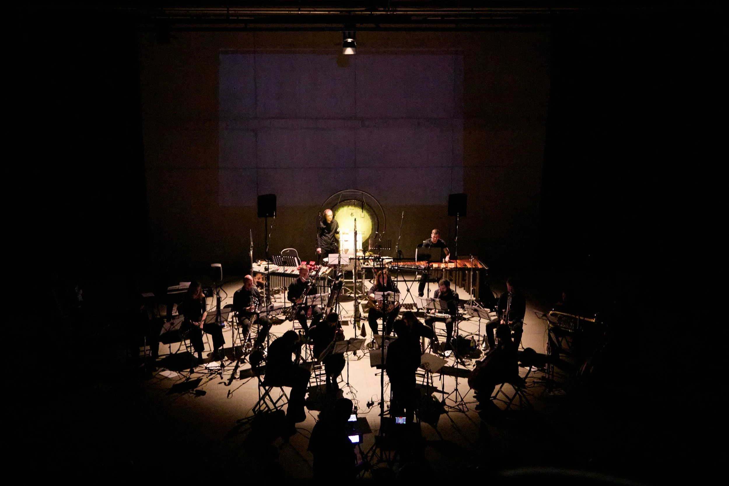 A large musical ensemble is performing on a stage with various instruments, including percussion, wind, and string instruments, in a darkened concert hall.