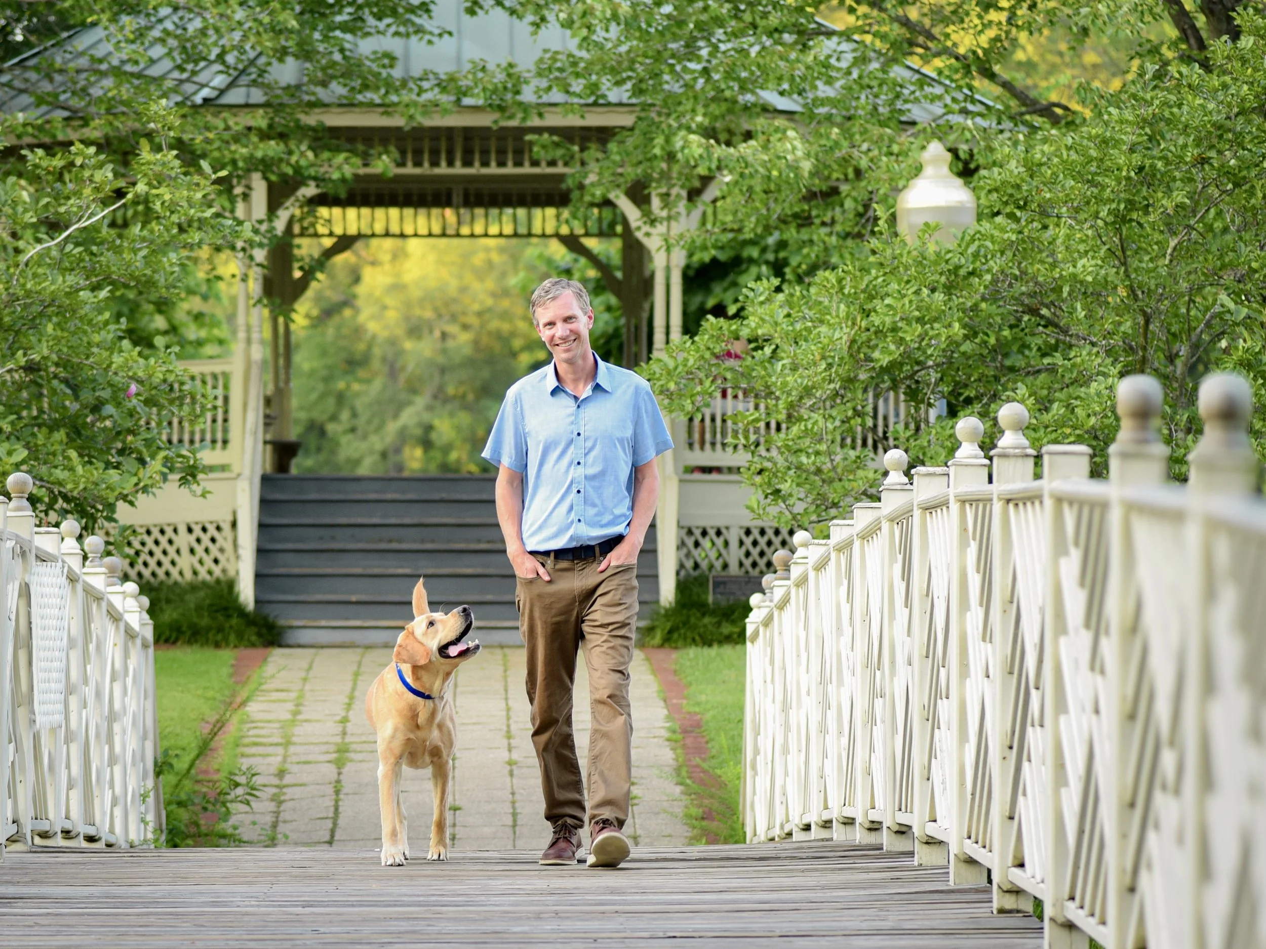 Rich Doyle, LCSW-C, walking with Buddy outside in Annapolis, Maryland.