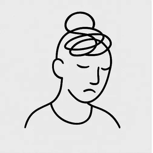 Line drawing of a woman with a bun, looking sad or worried.