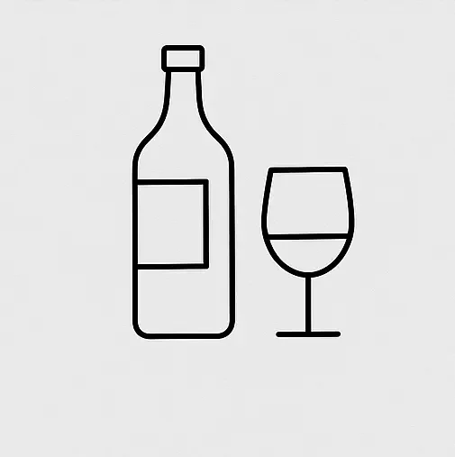 Outline drawing of a wine bottle and a wine glass.
