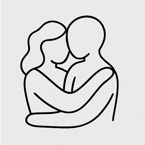 Line drawing of a man and woman embracing and touching foreheads