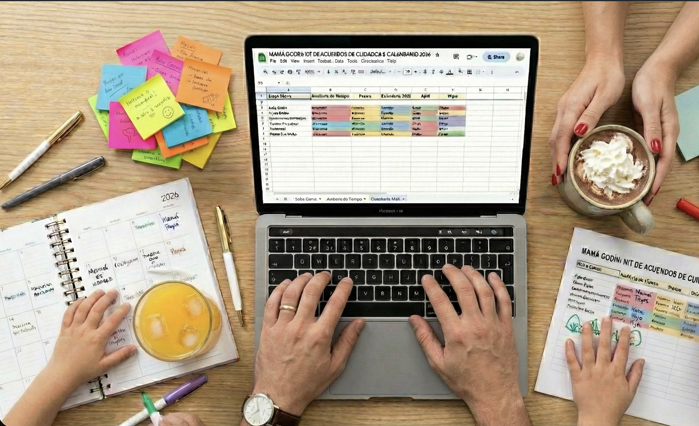 Vista superior de una sesión de planificación familiar en un escritorio de madera. Manos de padre, madre y adolescente colaborando en una laptop con el Kit de Mamá Godín. Incluye calendario 2026, post-its de colores y bebidas para cada integrante, si