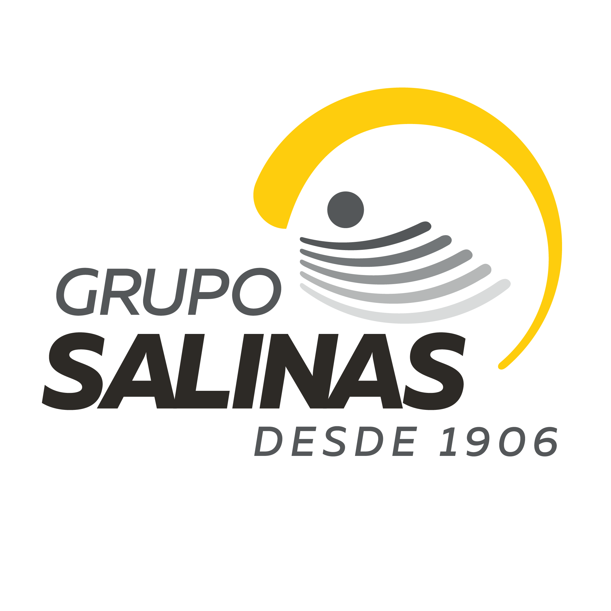 Logotipo del Grupo Salinas con un diseño abstracto y texto en español que dice 'Desde 1906'.