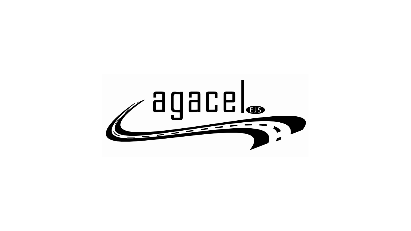 Logotipo en blanco y negro con la palabra 'agacel' y una carretera estilizada debajo, con la sigla 'EJS' en un óvalo.