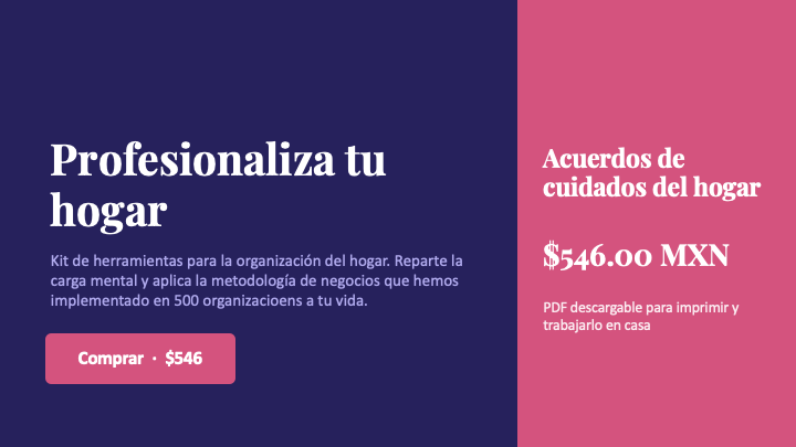 Página web promocionando un kit para profesionalizar el hogar con un precio de 546 pesos mexicanos, incluye un enlace para comprar y un PDF descargable para imprimir y trabajar en casa.