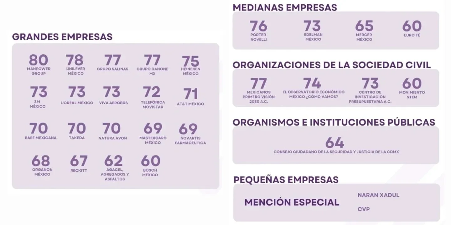 Una tabla con rankings de empresas en diferentes categorías, incluyendo grandes empresas, medianas, organizaciones de la sociedad civil, organismos e instituciones públicas y pequeñas empresas, con puntuaciones numéricas junto a sus nombres.