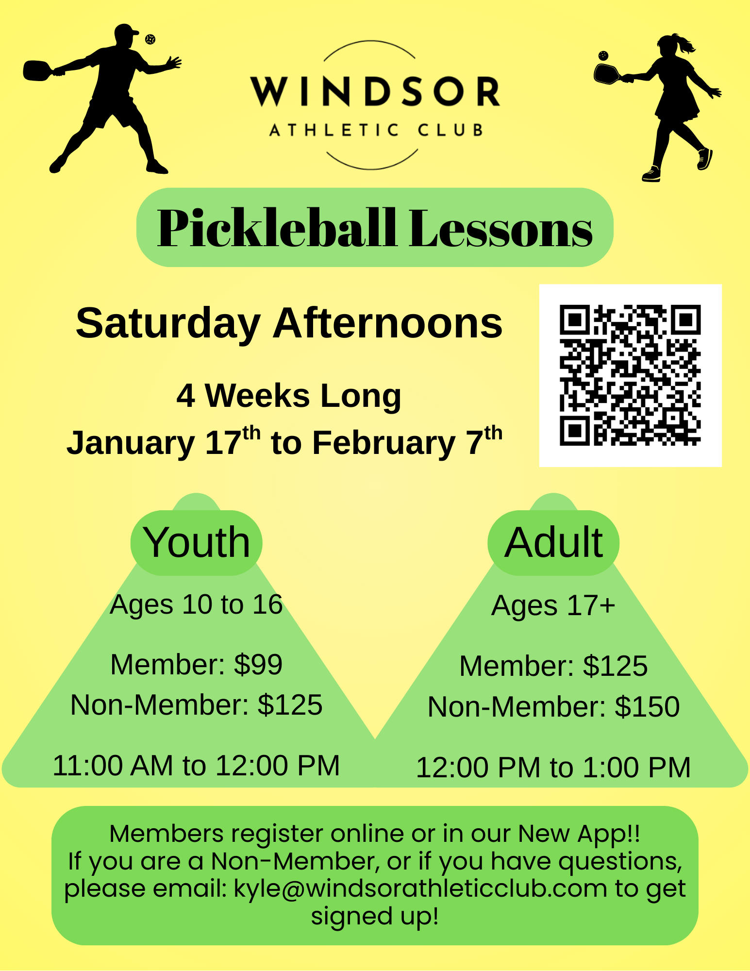 Flyer for Windsor Athletic Club pickleball lessons, indicating sessions are on Saturday afternoons from January 17th to February 7th, with separate times and prices for youth aged 10 to 16 and adults over 17, featuring silhouettes of children and adults playing pickleball.