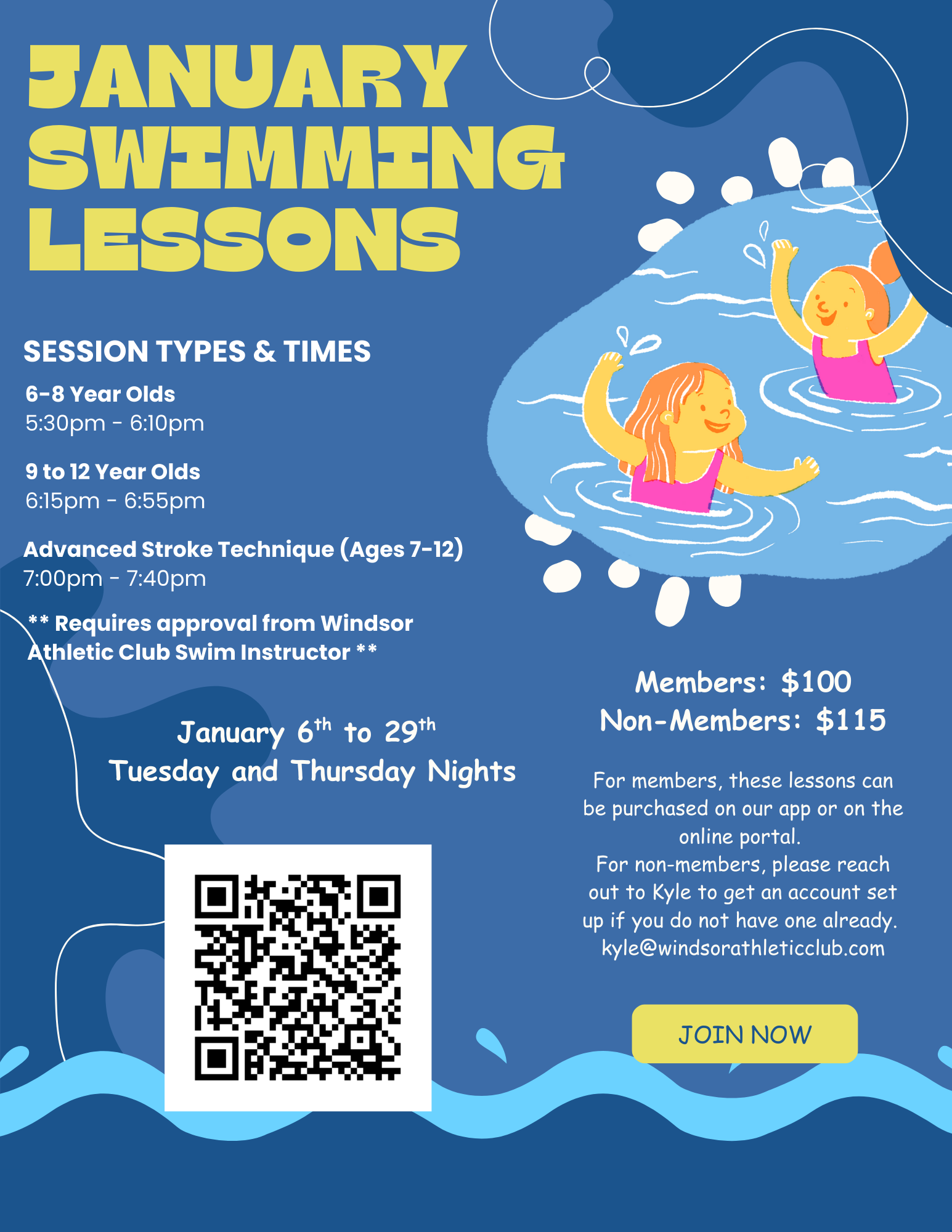 Flyer for January swimming lessons featuring cartoon children swimming in a pool, with session times, pricing, and a QR code.