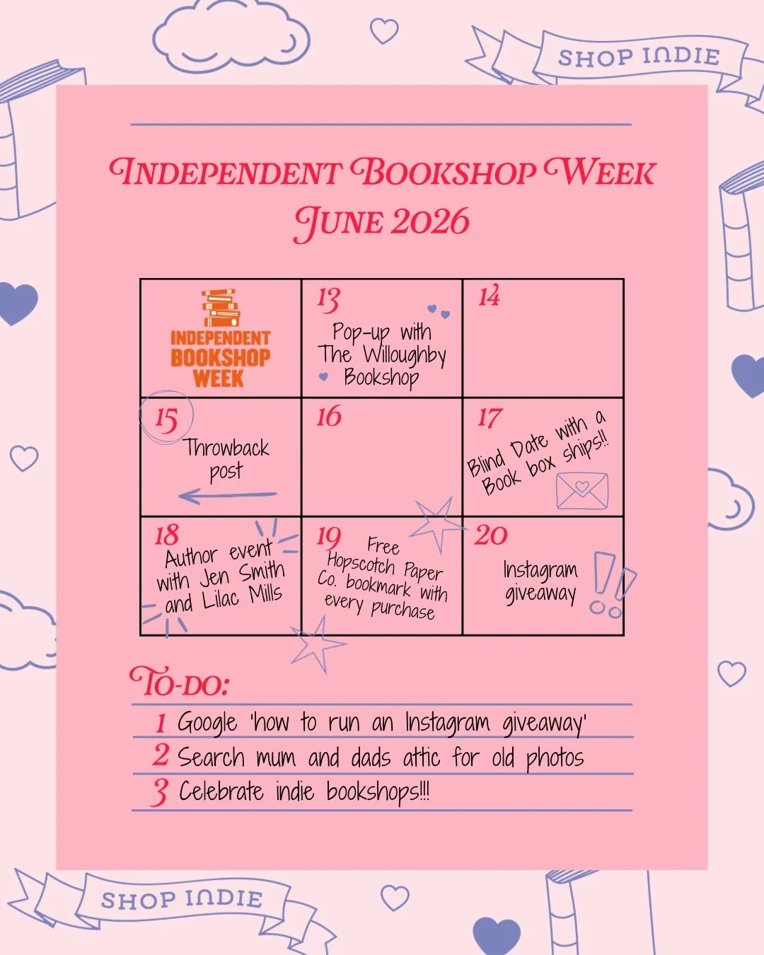 Let&rsquo;s do Independent Bookshop Week properly! 

We have crammed in some fabulous events to celebrate our first ever #indiebookshopweek, including:
💖A pop-up with the incredible @the.willoughby.bookshelf 
💖Free bookmarks from one of our favouri