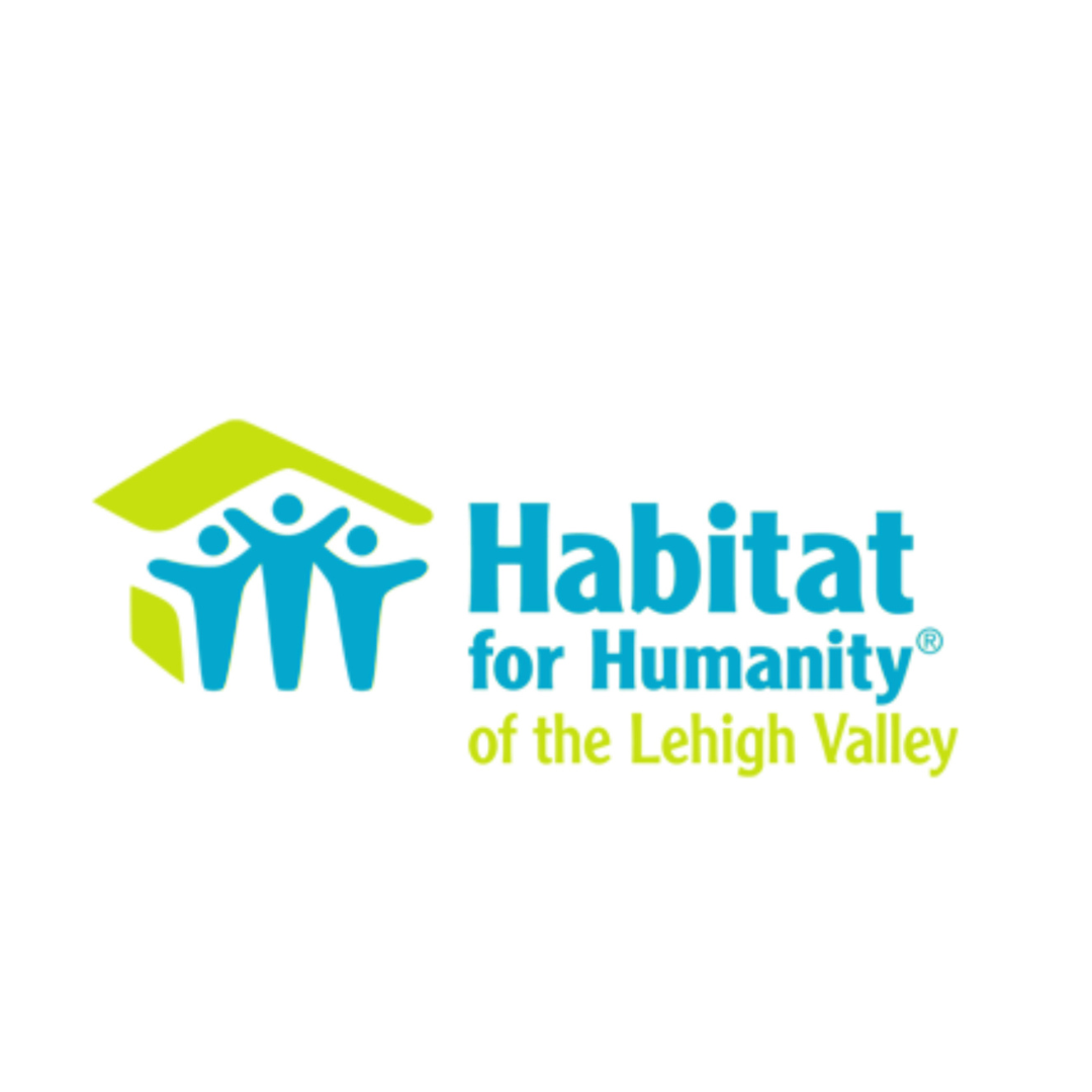 Logo of Habitat for Humanity of the Lehigh Valley showing three stylized blue human figures under a green roof with the organization name in blue and green text.