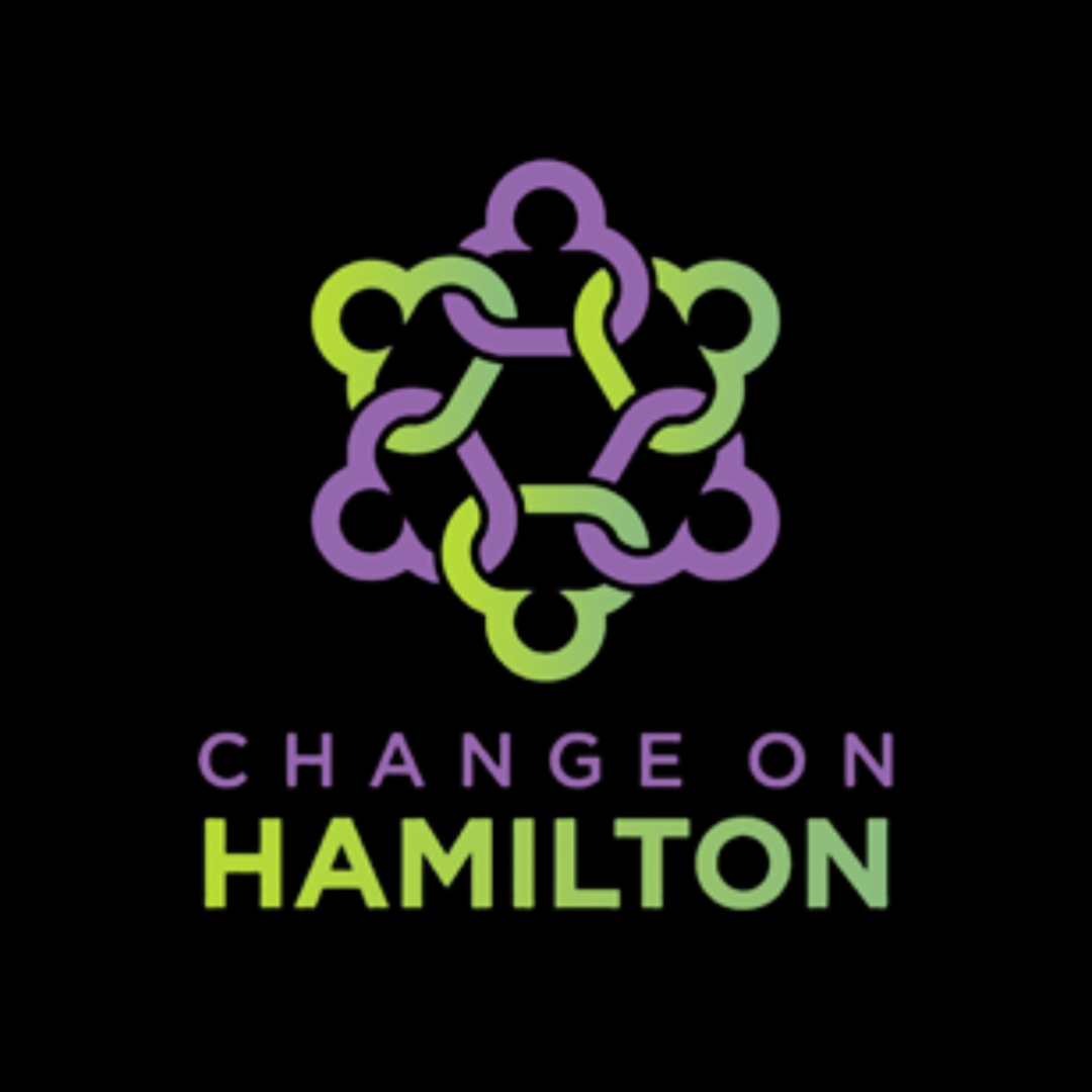 A logo with an interconnected purple and green circular design above the text "Change on Hamilton" in purple and green. A black background.