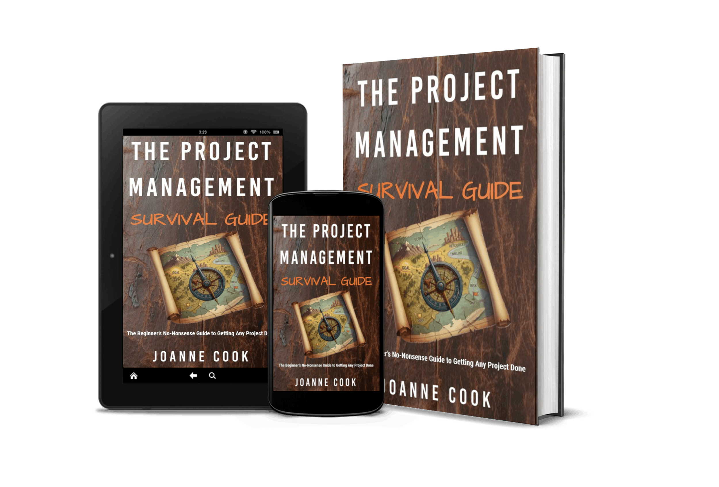 Images of Project Management Survival Guide on tablet, phone and printed book.