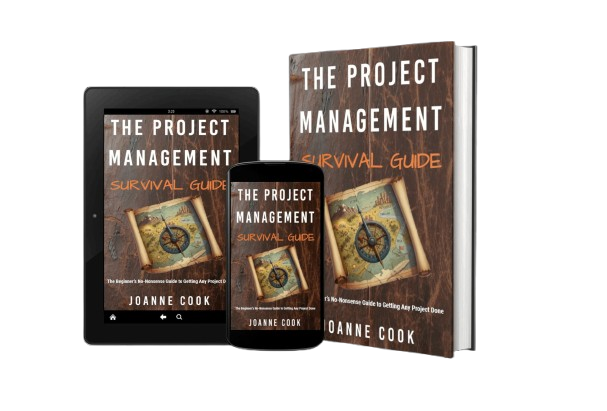 Pictures of The Project Management Survival Guide on e-reader, smartphone and in print