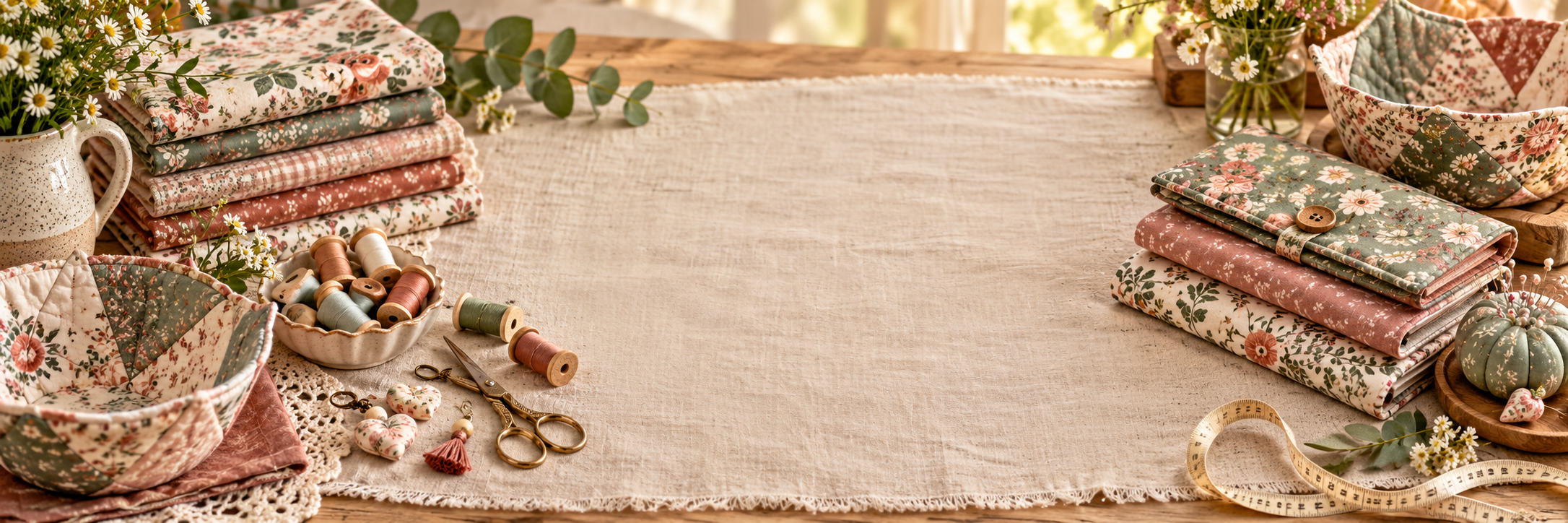 Illustrated sewing studio with folded fabric, thread, and handmade crafts in warm muted colors.