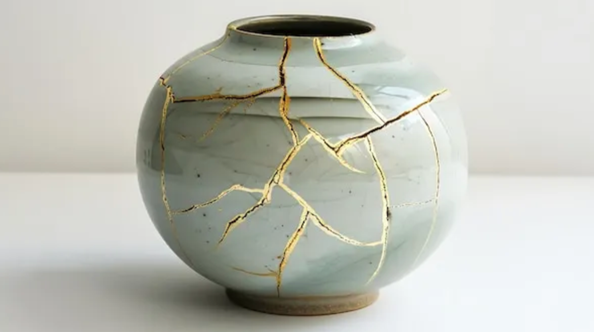 A ceramic vase with a light blue glaze and gold crackle pattern