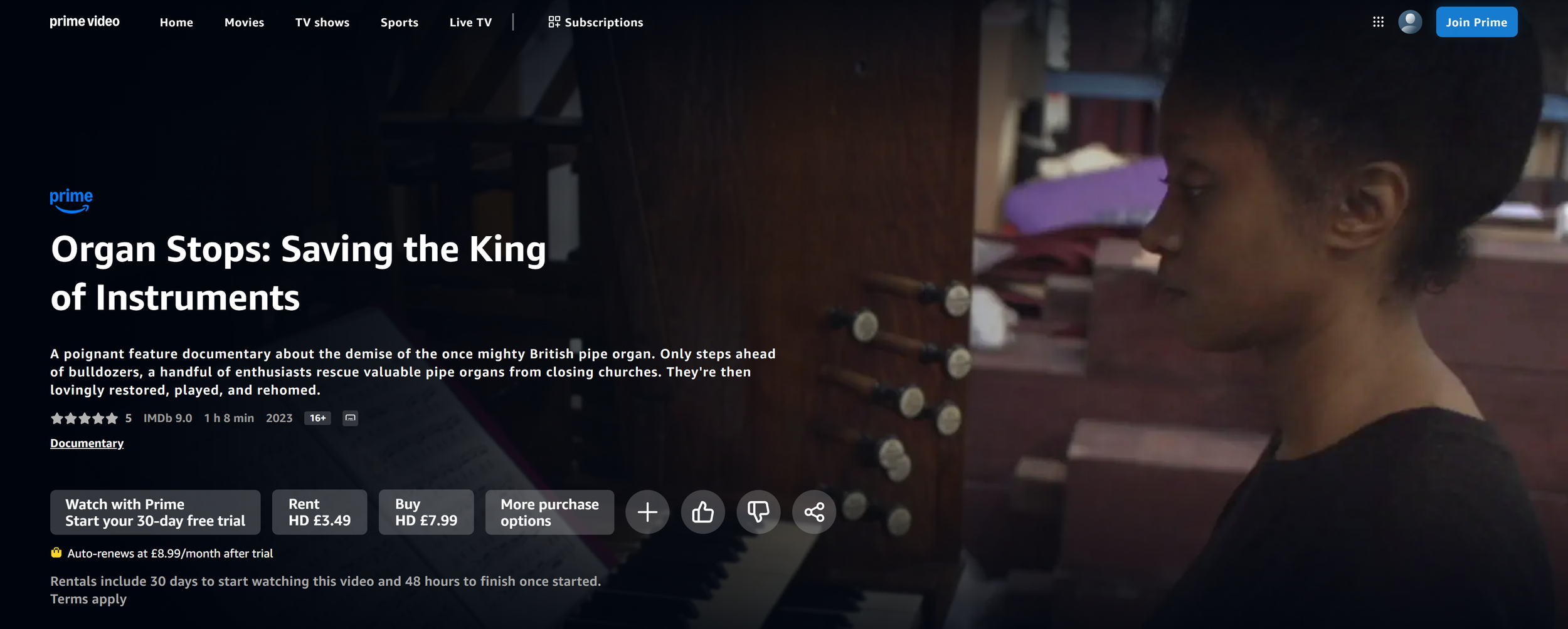 Screenshot of a documentary webpage titled "Organ Stops: Saving the King of Instruments" on Prime Video, showing a person in profile near a pipe organ console with wooden pipes.