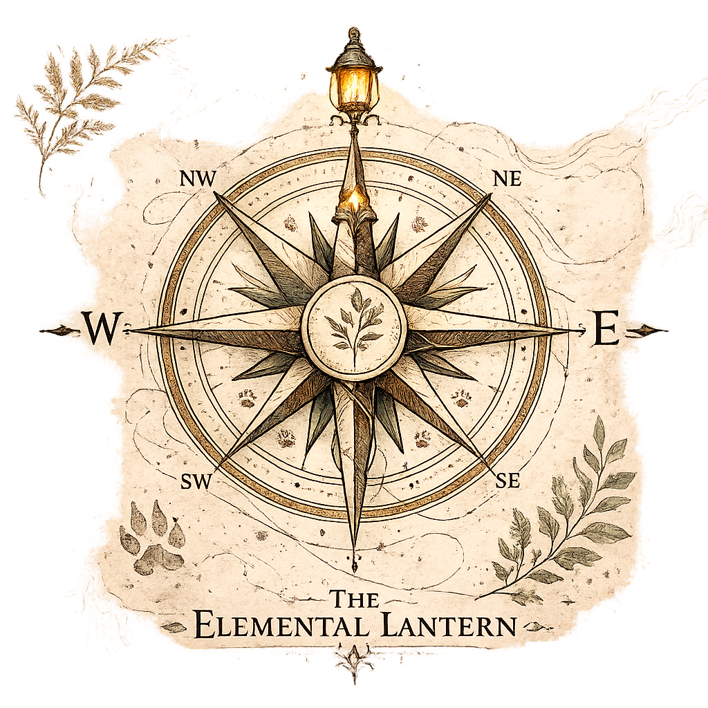 A vintage-style compass rose with a street lamp at the top, surrounded by botanical illustrations, paw print, and the text 'The Elemental Lantern' at the bottom.