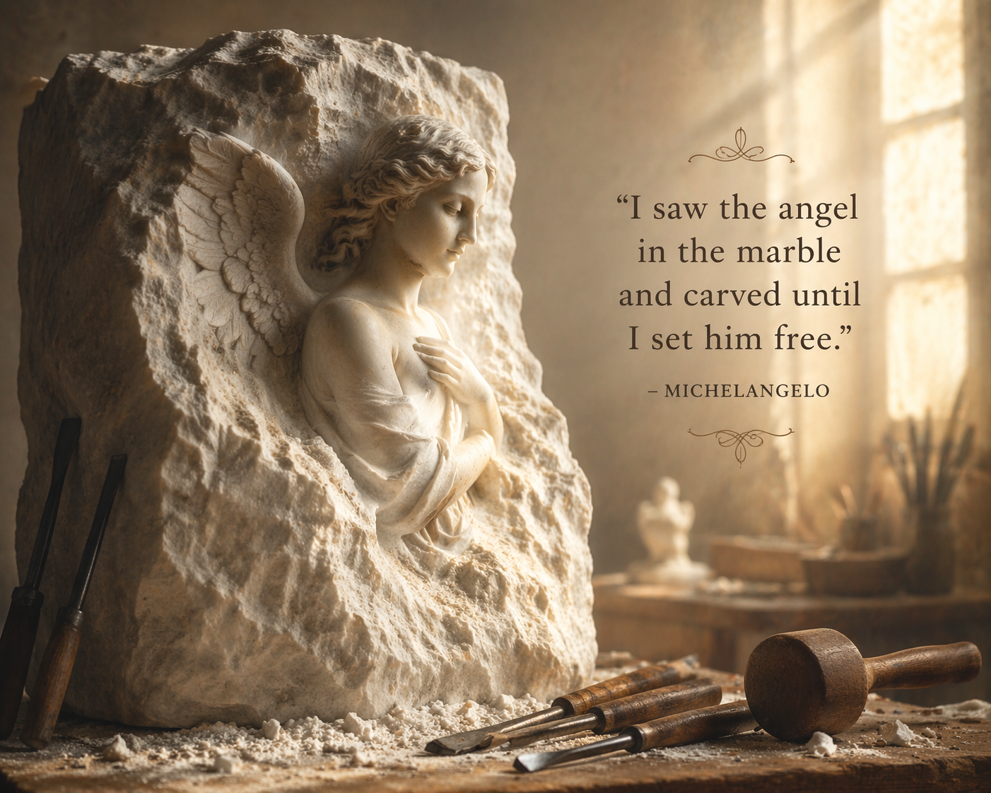 A marble sculpture of an angel carving with tools on a workbench and a quote by Michelangelo on a warm background.