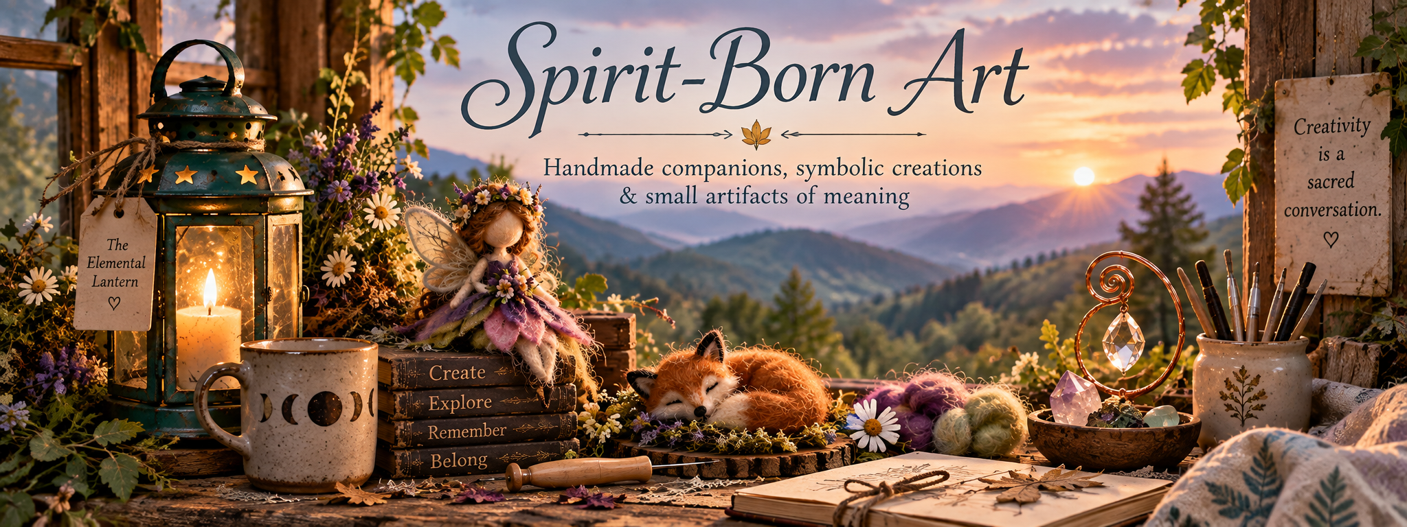 Spirit-Born Art banner with a glowing lantern, handmade fairy, felted fox, wool, crystals, art tools, and journals overlooking misty mountains at sunset.