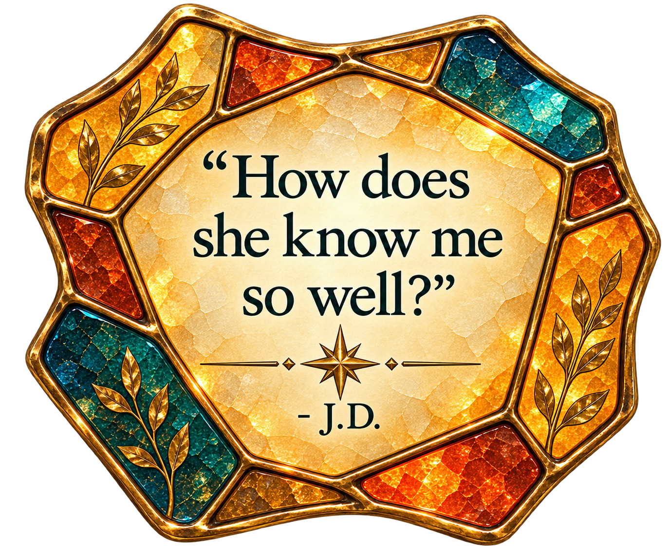 Stained-glass mosaic tile in teal, amber, and gold featuring J.D.’s words, ‘How does she know me so well?’