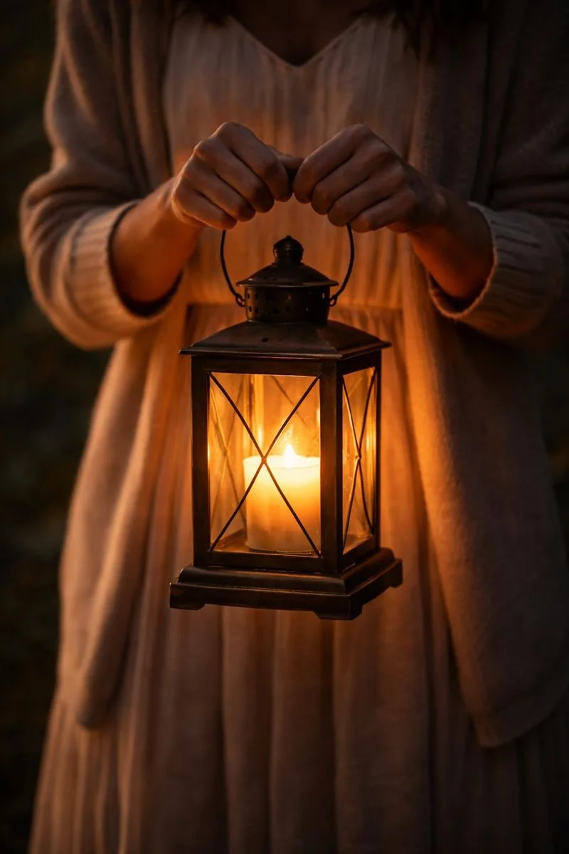 A close-up of a person holding a softly glowing lantern, their face out of view, creating a warm and quiet sense of presence.