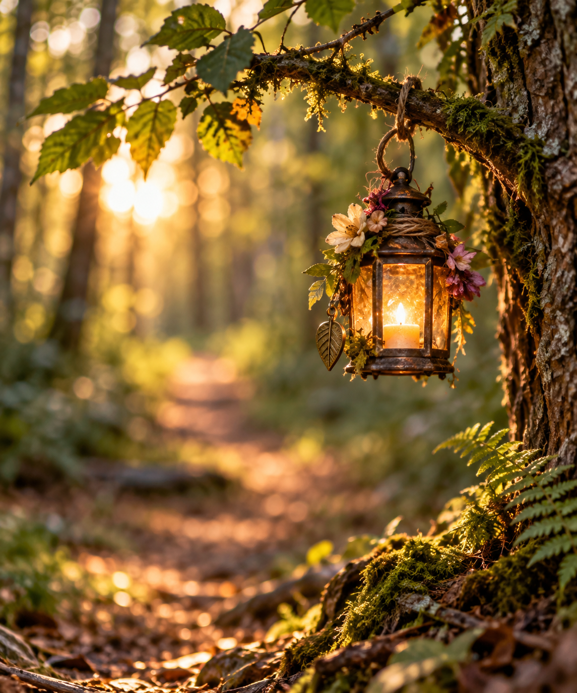 Small flower-adorned lantern glowing from a mossy tree beside a sunlit woodland path.