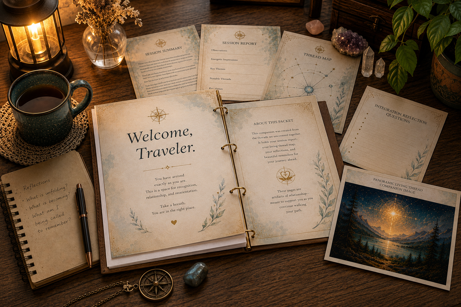 A wooden desk with an open welcome booklet, various papers, a cup of coffee on a crocheted coaster, a small notebook with handwritten notes, a lantern, plants, crystals, a pocket watch, and a framed picture of a landscape with constellations and mountains.