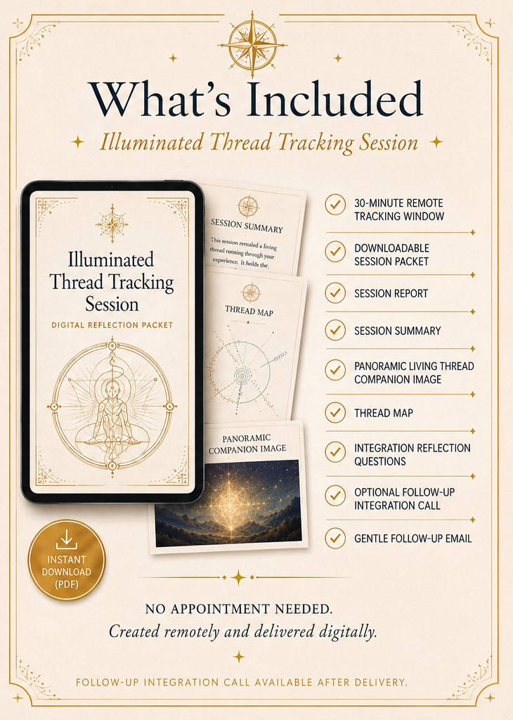 A promotional graphic for the Illuminated Thread Tracking Session showing the digital reflection packet, session materials, and included remote support features.