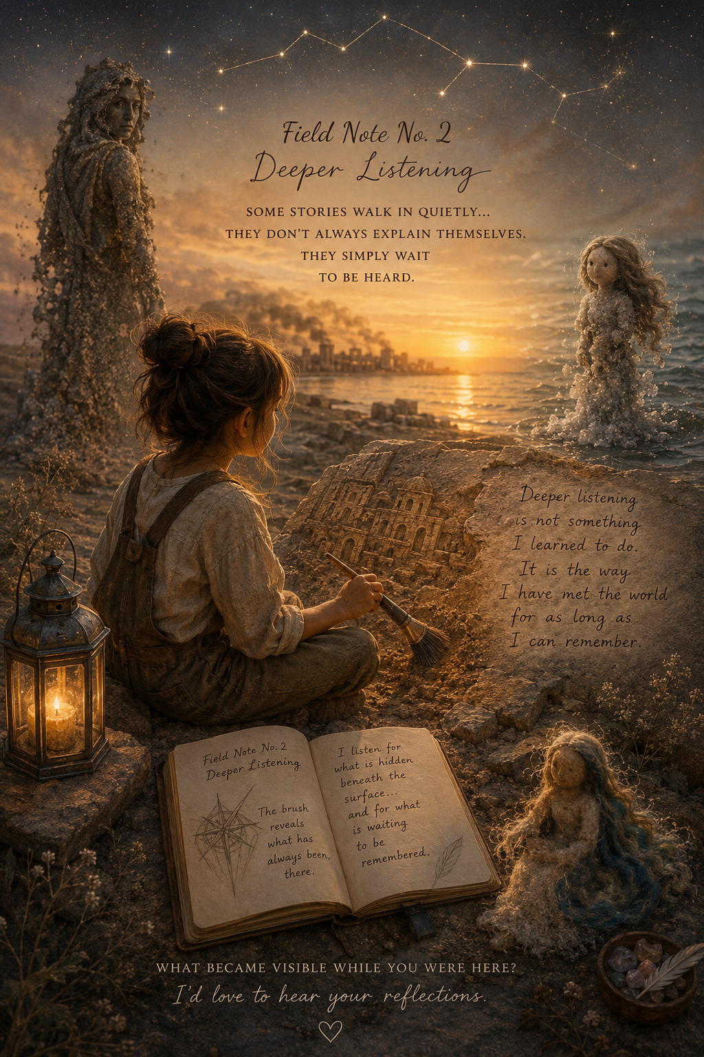 A young girl uses an archaeology brush beside a glowing lantern, ancient ruins, a field journal, constellations, and salt-like figures near the sea, symbolizing deeper listening and the buried city within.