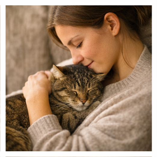 person holding cat in a calm, comforting moment showing connection and gentle support for pets