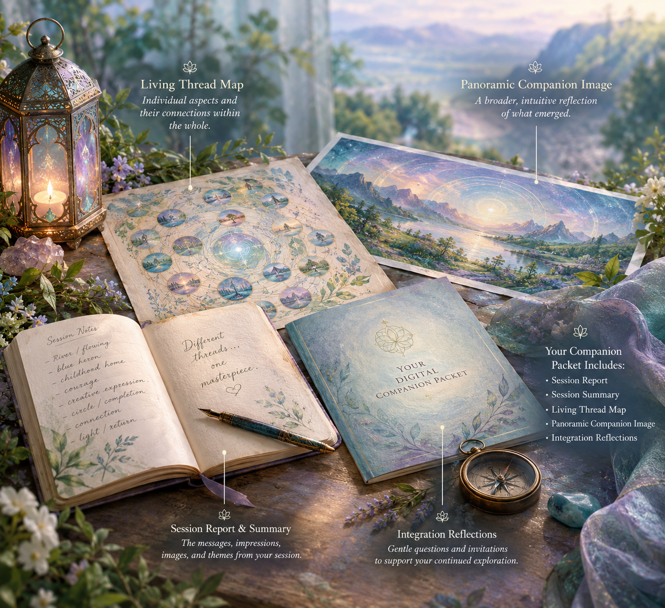 Mystical digital companion packet displayed with a living thread map, panoramic landscape image, session report, integration reflections, journal, lantern, crystals, and compass.
