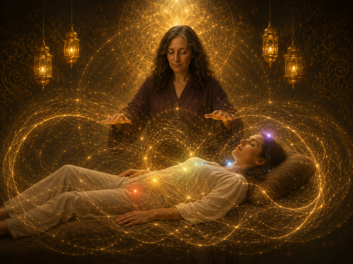 Full-Spectrum Fieldwork Session image showing remote energy work through the body-field, subtle field, chakra centers, and golden quantum field of connection with a client resting peacefully.
