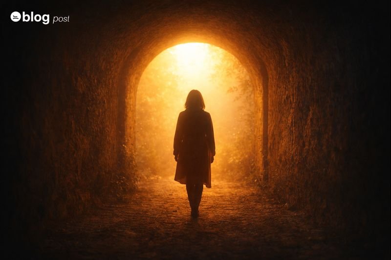 Silhouetted figure walking through a tunnel toward golden light, representing presence, nervous system safety, healing, and inner transformation.