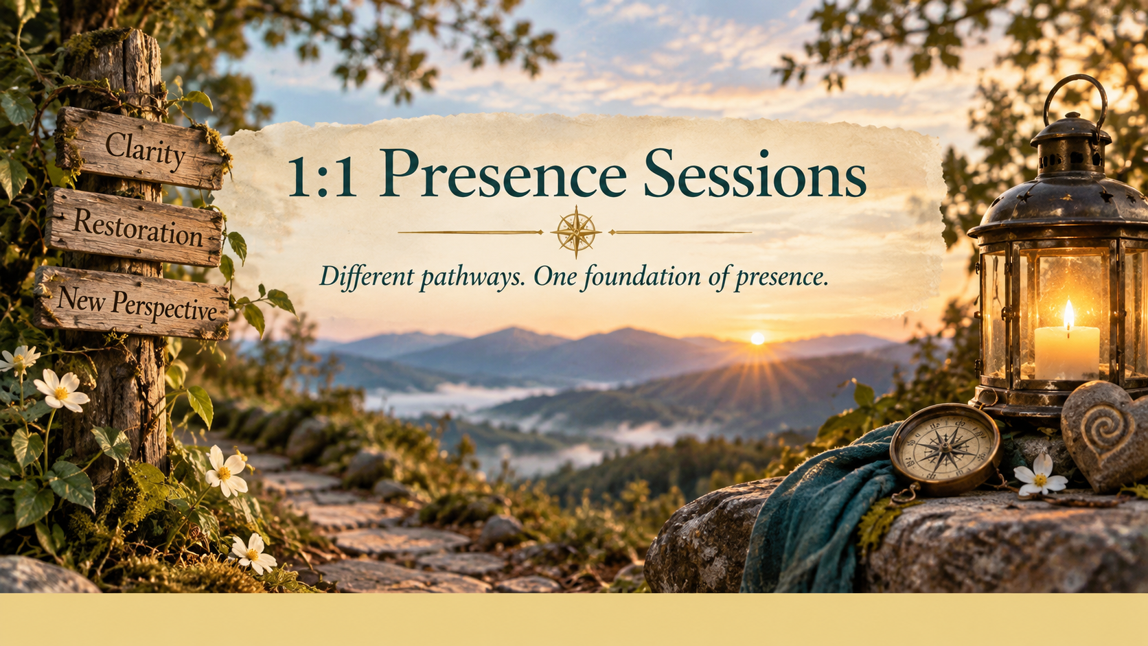 Sunrise over mountains with a lantern, compass, and flowers on a stone surface, and a wooden signpost reading 'Clarity,' 'Restoration,' and 'New Perspective' on the left. Main text overlay reads '1:1 Presence Sessions' with a subtitle 'Different pathways. One foundation of presence.'