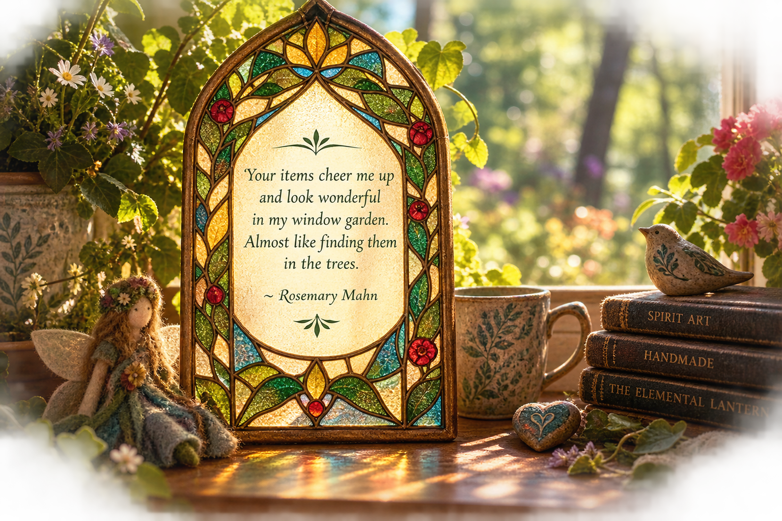 Decorative scene with a stained glass window plaque featuring a quote by Rosemary Mahn, surrounded by potted plants, a felt fairy doll with wings, a ceramic bird, three books titled Spirit Art, Handmade, The Elemental Lantern, a mug, and a heart-shaped stone with a white heart design, all set on a wooden surface with sunlight filtering through a window.