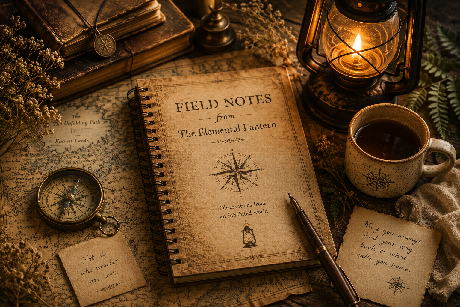 Vintage Field Notes journal from The Elemental Lantern resting on an old map beside a glowing lantern, compass, tea, botanicals, and handwritten traveler notes.
