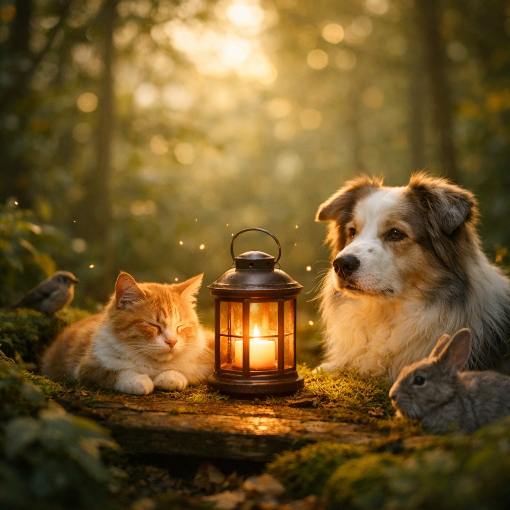 calm dog, cat, and rabbit resting peacefully by lantern light in forest representing gentle remote pet session for emotional support and anxiety relief