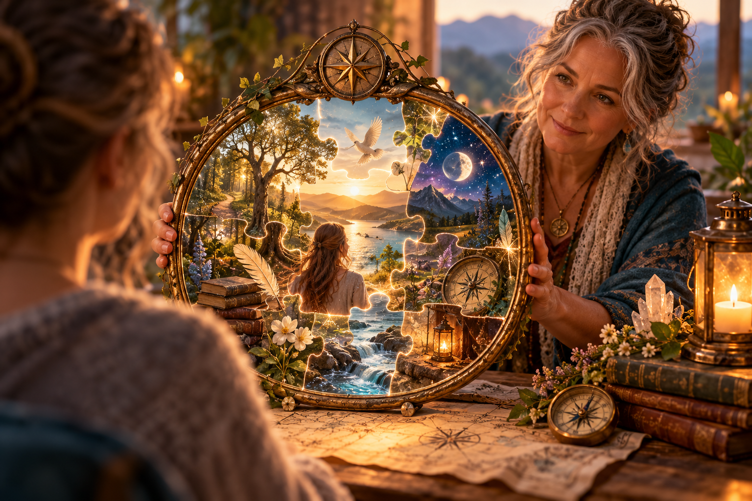 A woman gently holds up an ornate mirror filled with glowing puzzle pieces depicting a landscape, symbolizing the experience of seeing and recognizing pieces of yourself through Illuminated Thread Tracking.