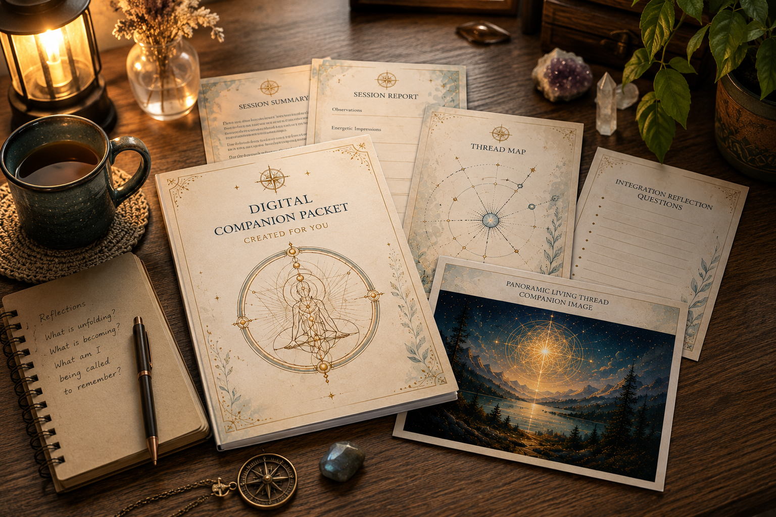 An arrangement of spiritual and introspective materials on a wooden table, including a cup of coffee, notebooks, printed oracle or tarot-like cards, a small glass vase with flowers, and decorative items like a crystal, a compass pendant, and a candle lantern.