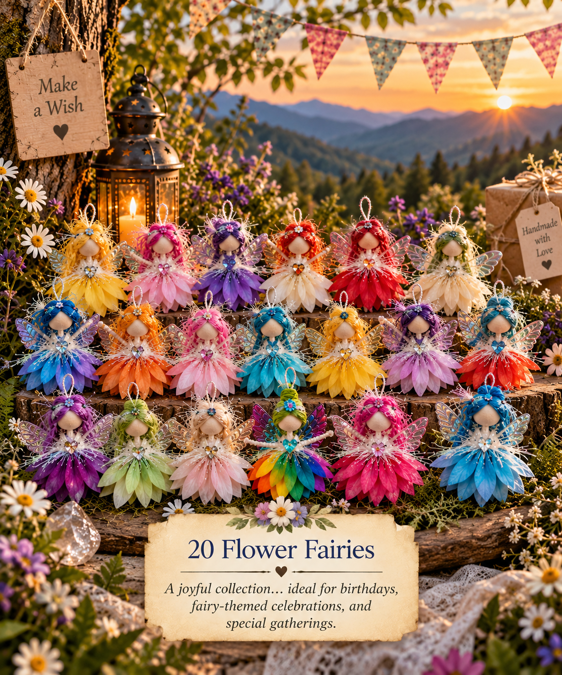 Twenty colorful handmade flower fairy dolls with petal skirts, iridescent wings, and sparkling details arranged for a fairy party celebration with a mountain sunset.