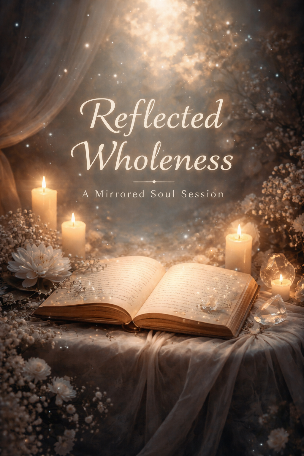Reflected Wholeness mirrored soul session with candles, open book, and soft light representing intuitive reflection and personal insight