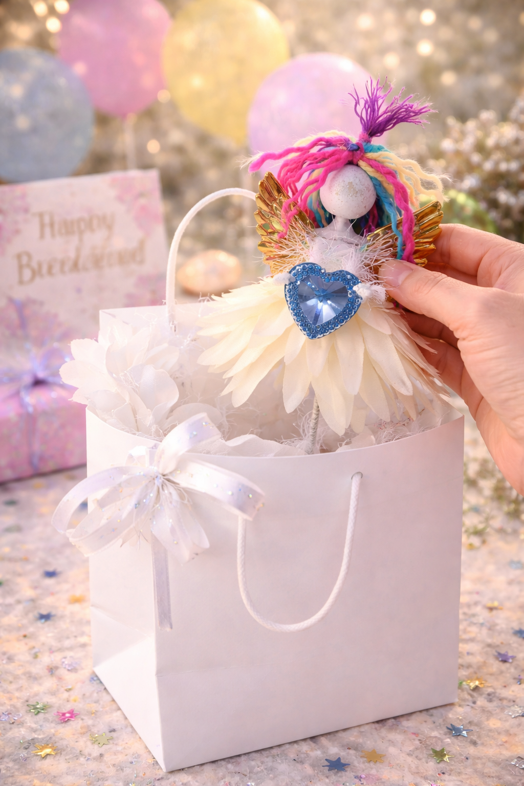 Handmade flower fairy doll party favor beside a birthday gift bag