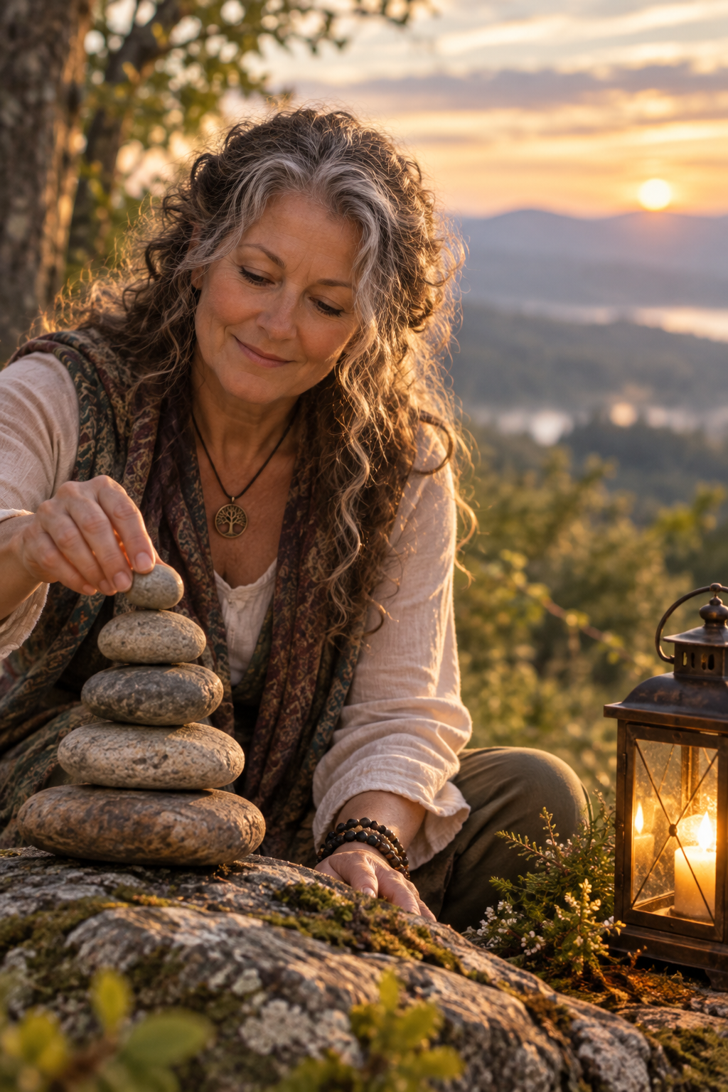 Woman gently placing a stone on a cairn beside a glowing lantern in the mountains at sunset.