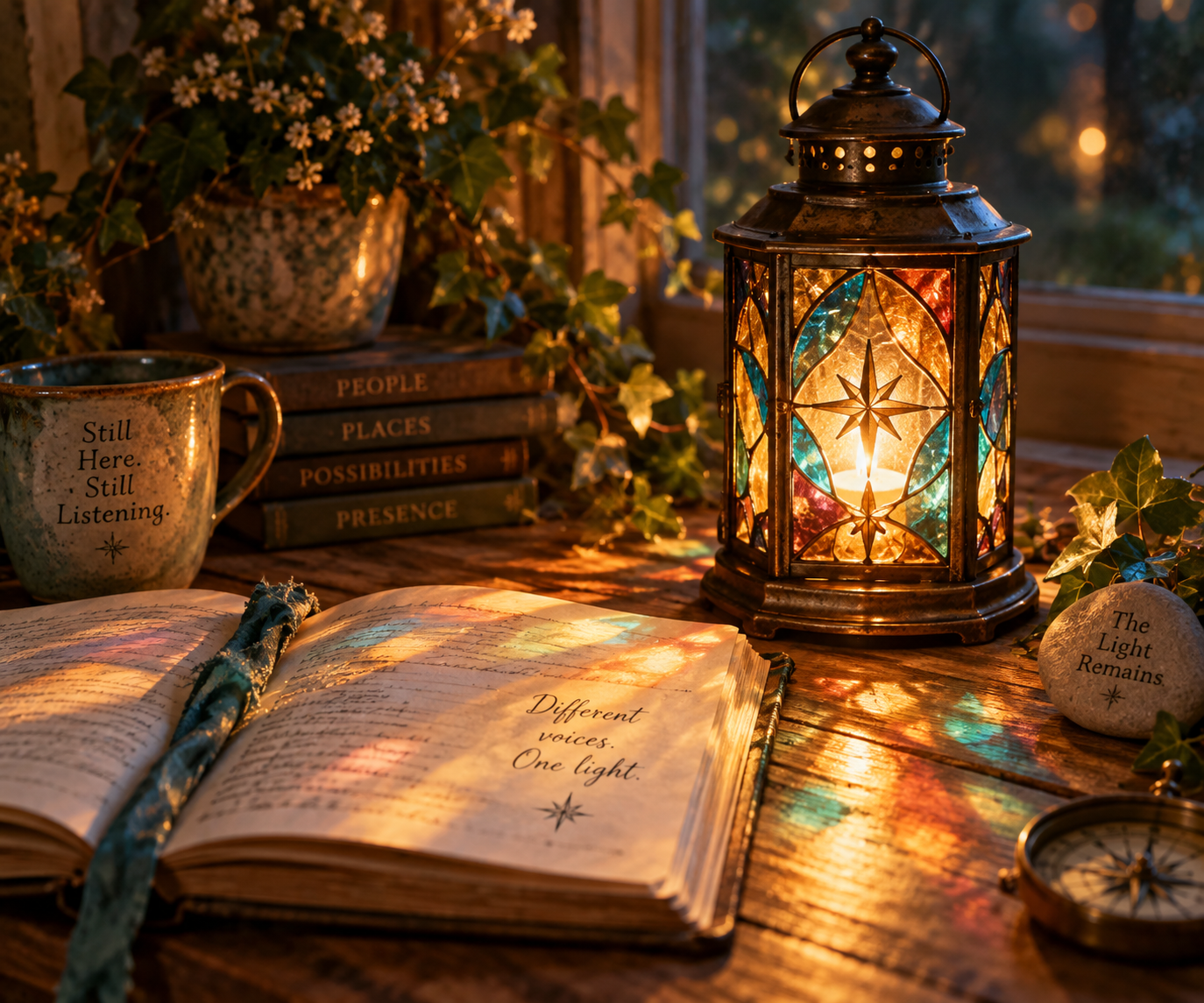 A cozy desk scene with an open journal, a decorative pillar candle lantern, a cup with the words 'Still Here. Still Listening,' a stack of books, and decorative stones inscribed with inspirational messages. The scene is illuminated by warm candlelight and surrounded by greenery.