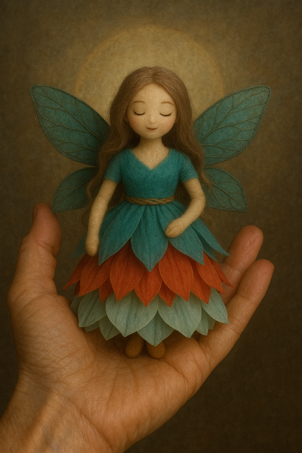 A handcrafted flower fairy doll held gently in an open palm, with delicate wings and soft, glowing tones. Created for the Whisper of Illumination session, a remote 30-minute energy offering that blends presence, resonance, and soul remembrance.