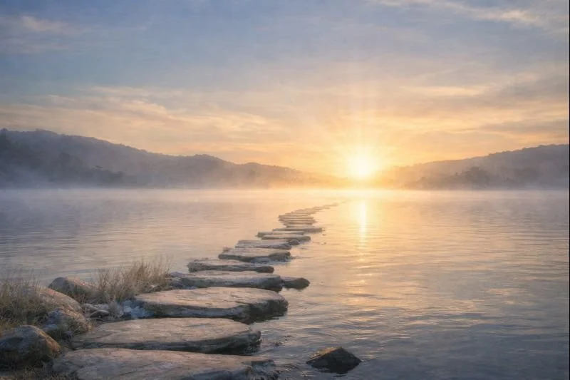Serene lakeside scene at sunrise with calm water, soft mist, and warm light reflecting across the surface, evoking stillness, presence, and gentle clarity.
