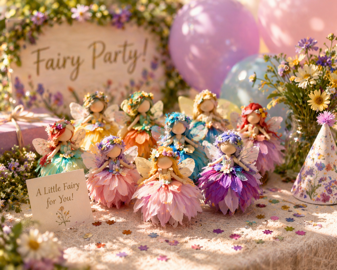 Ten handmade flower fairy dolls arranged as fairy party favors with balloons and floral decorations