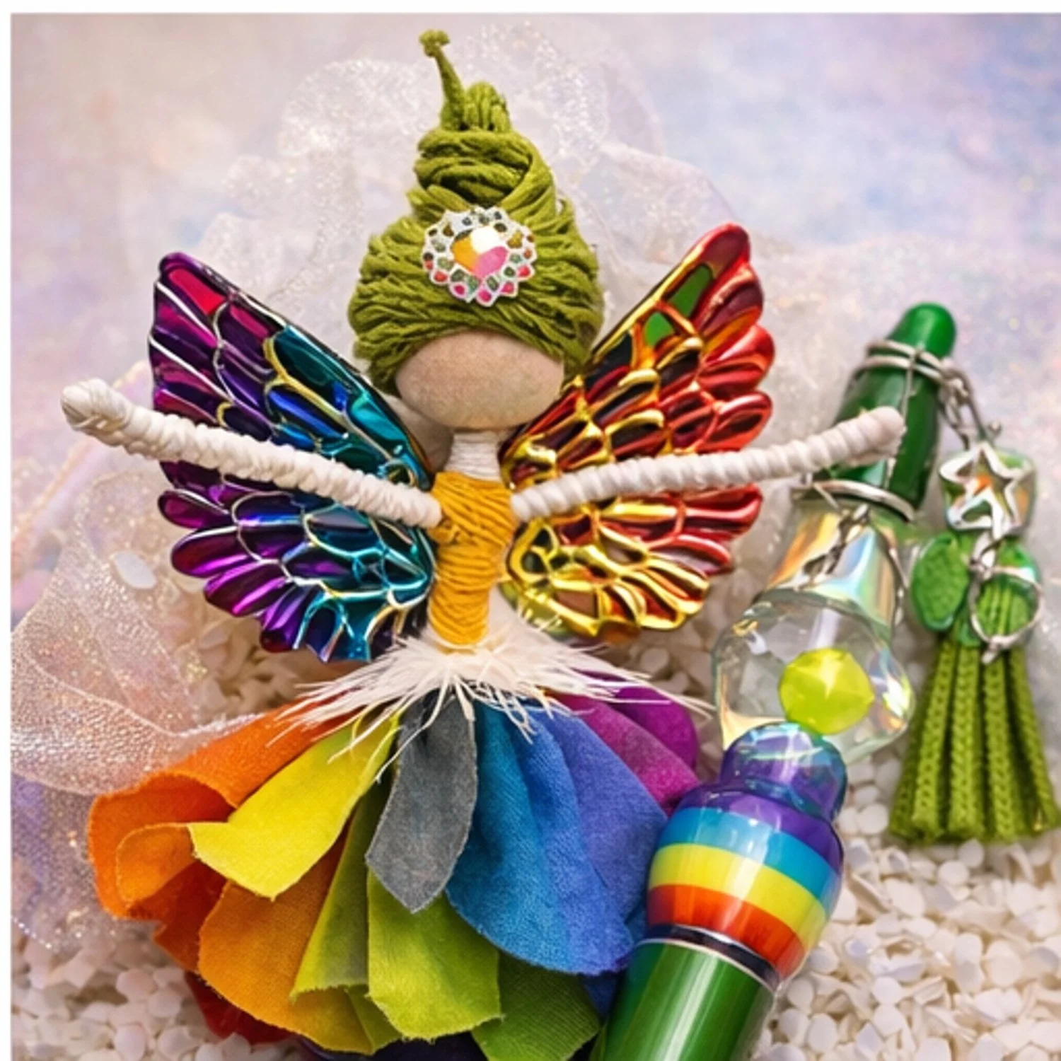 Close-up of handmade rainbow fairy and beaded pen from Love is Love Hug in a Box, an LGBTQ affirmation comfort gift